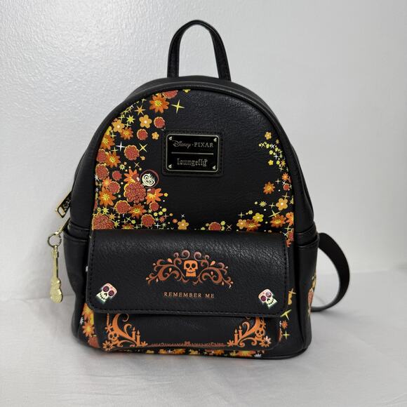 Loungefly Disney Coco Remember Me Mini Backpack Floral Guitar Skull Charm RARE - Picture 1 of 7